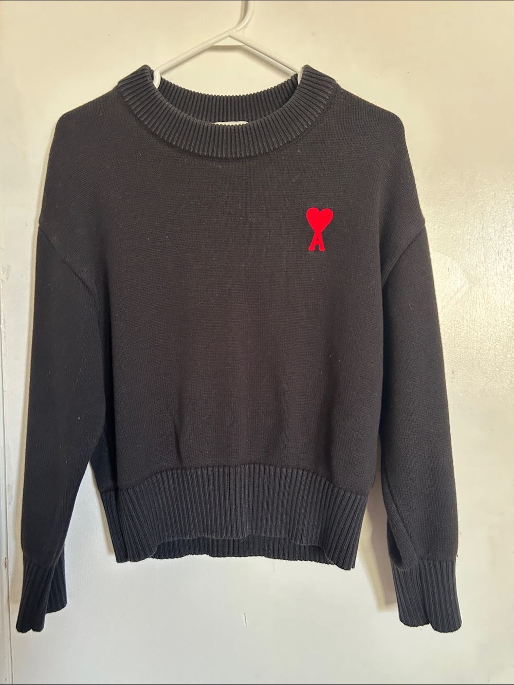 Ami Black Crewneck Sweater with Red Heart Logo